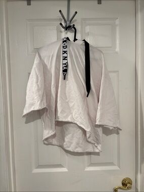 Dkny White Cropped Hooded Jacket with Black Logo Drawstrings